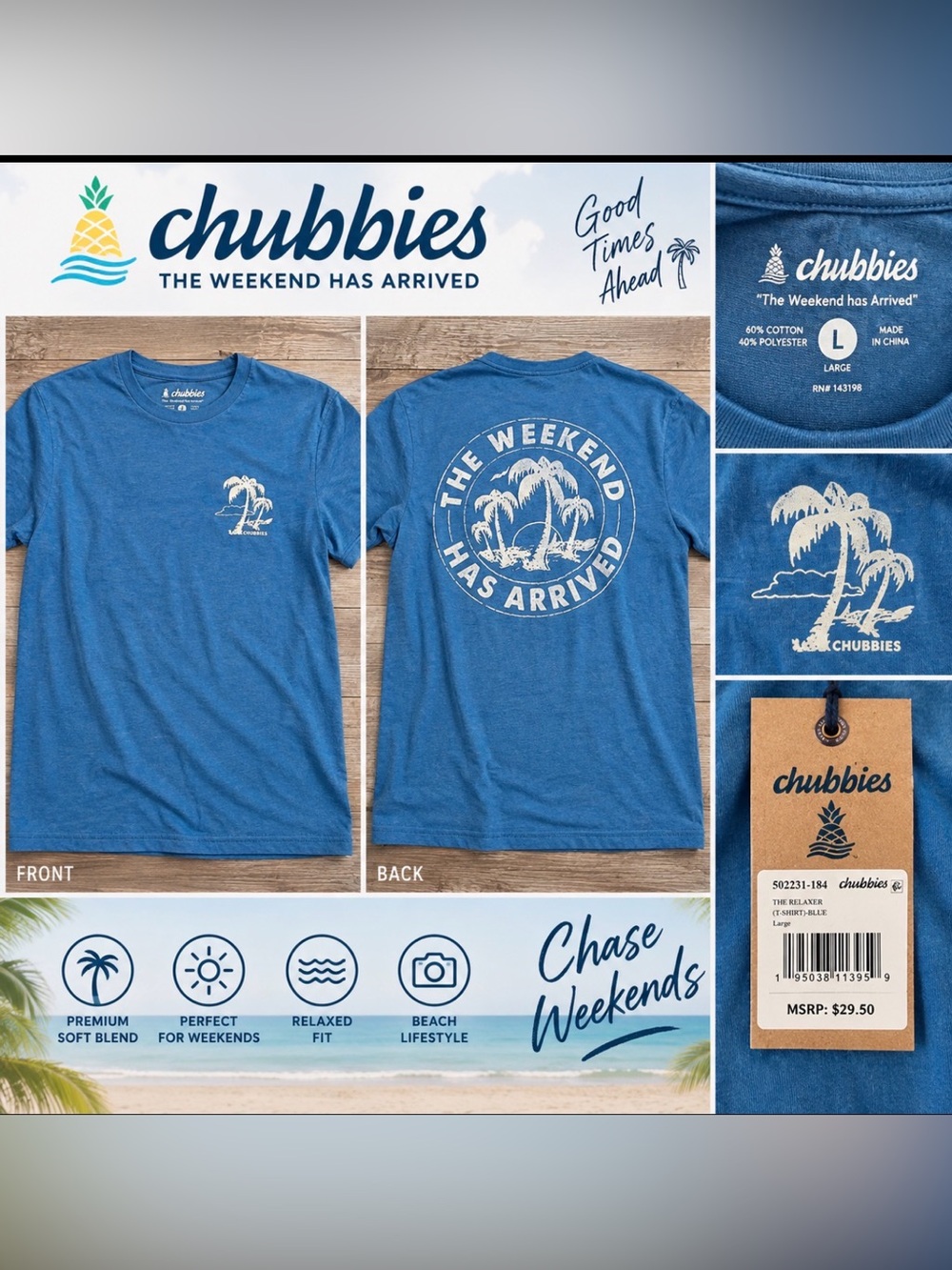 Chubbies The Relaxer “The Weekend Has Arrived” T-Shirt Blue Large NWT